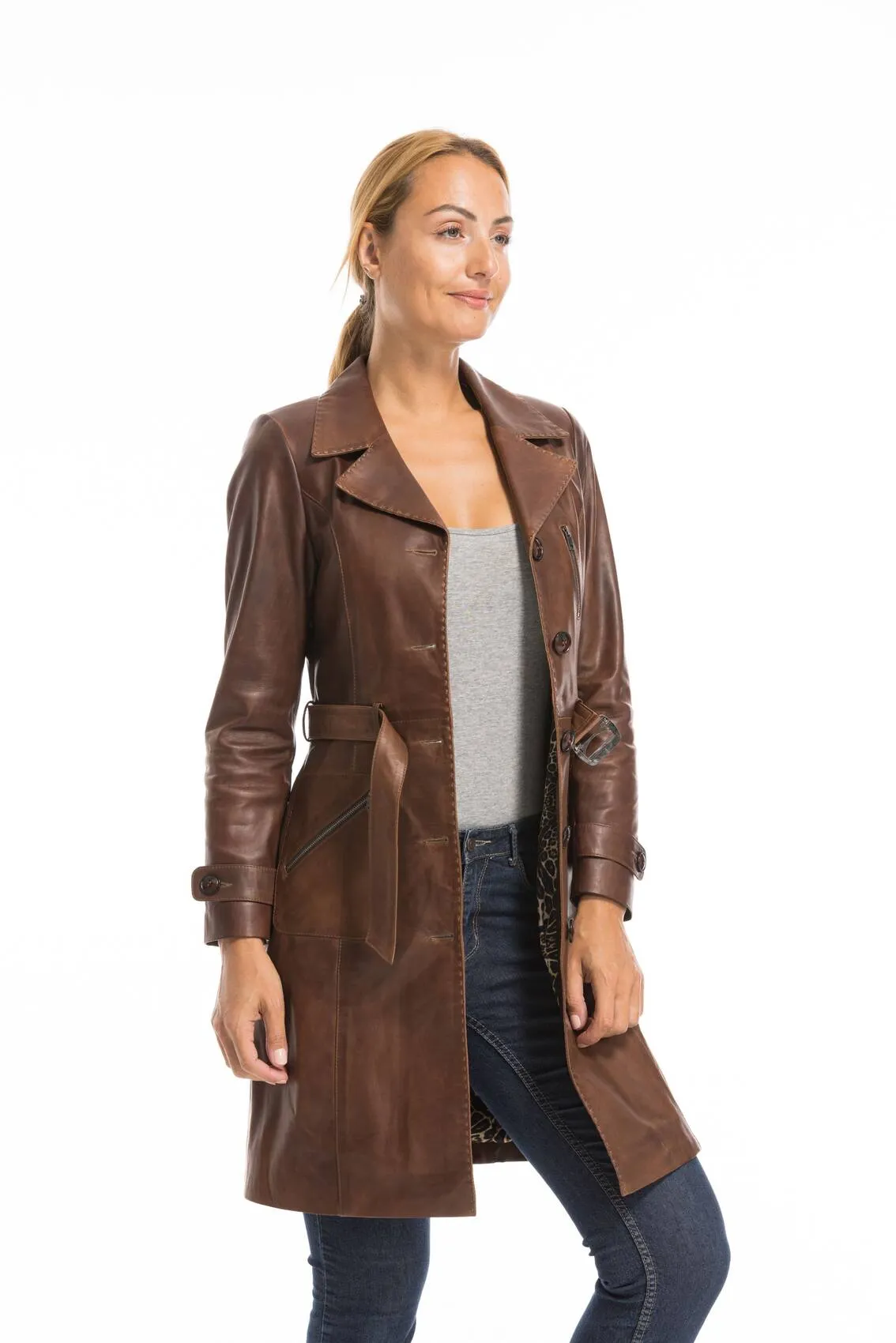 Trois quart cuir femme marron c 469 style trench