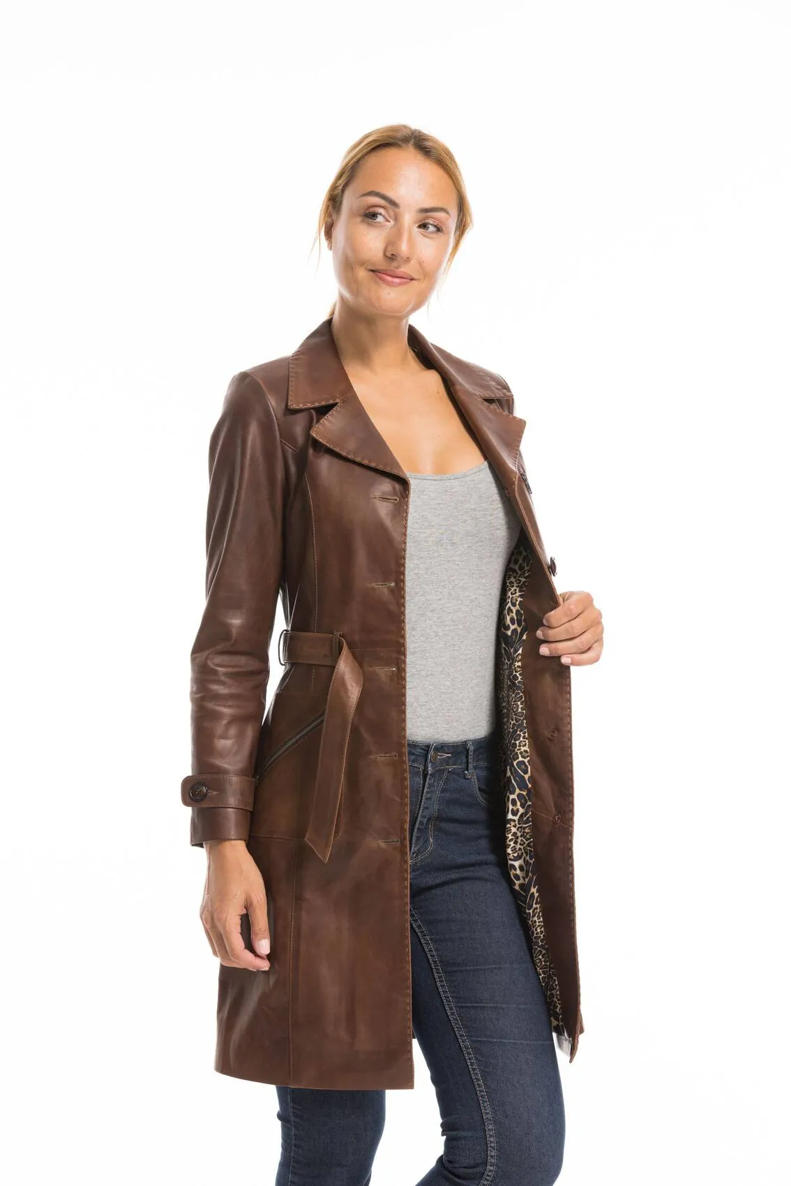 Trois quart cuir femme marron c 469 style trench