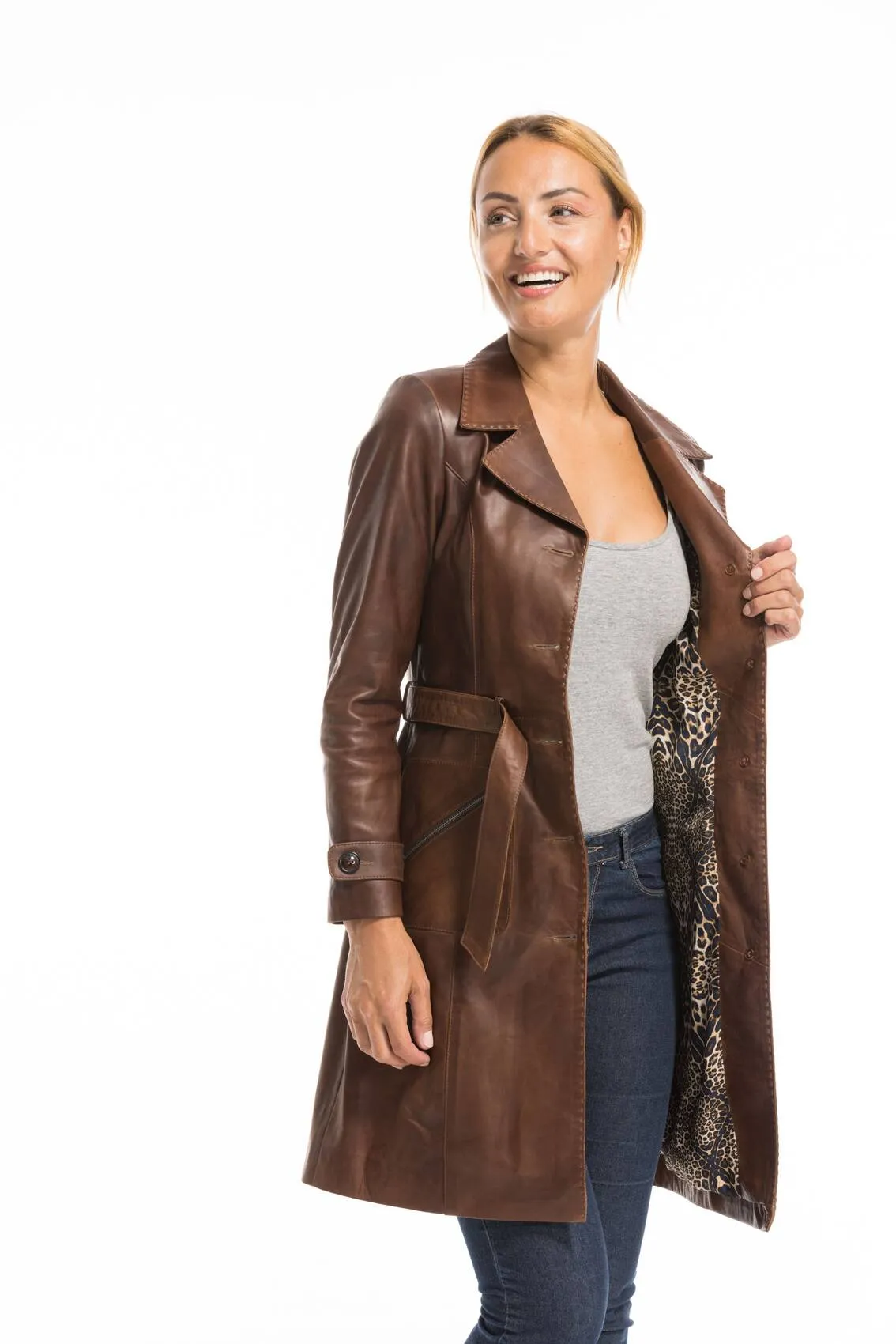 Trois quart cuir femme marron c 469 style trench