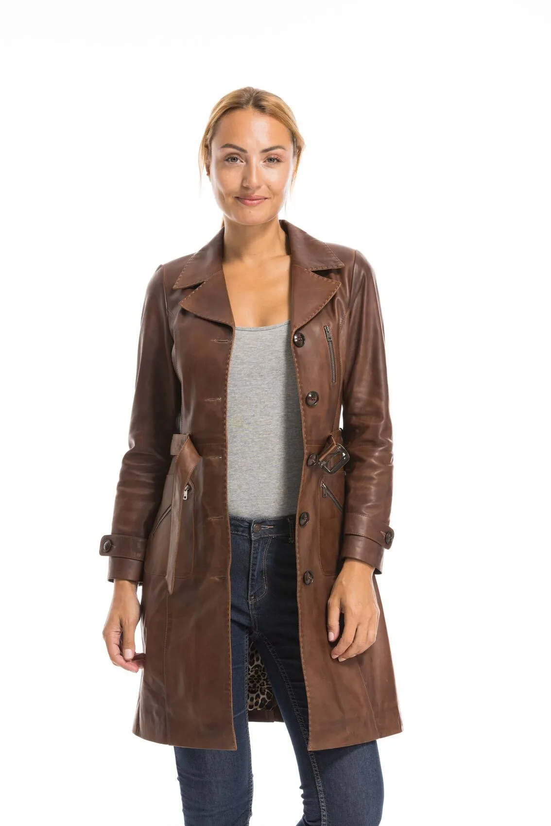 Trois quart cuir femme marron c 469 style trench