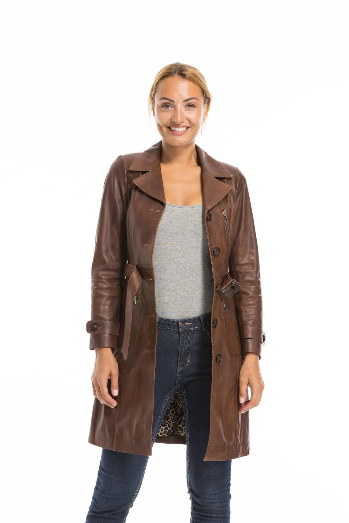 Trois quart cuir femme marron c 469 style trench