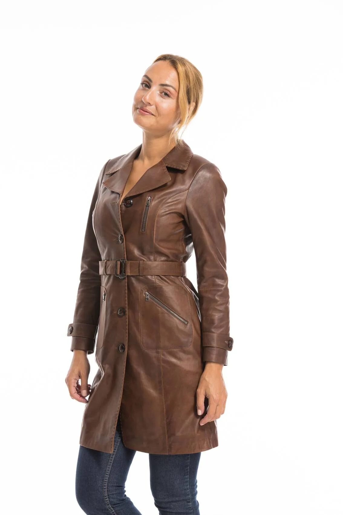 Trois quart cuir femme marron c 469 style trench