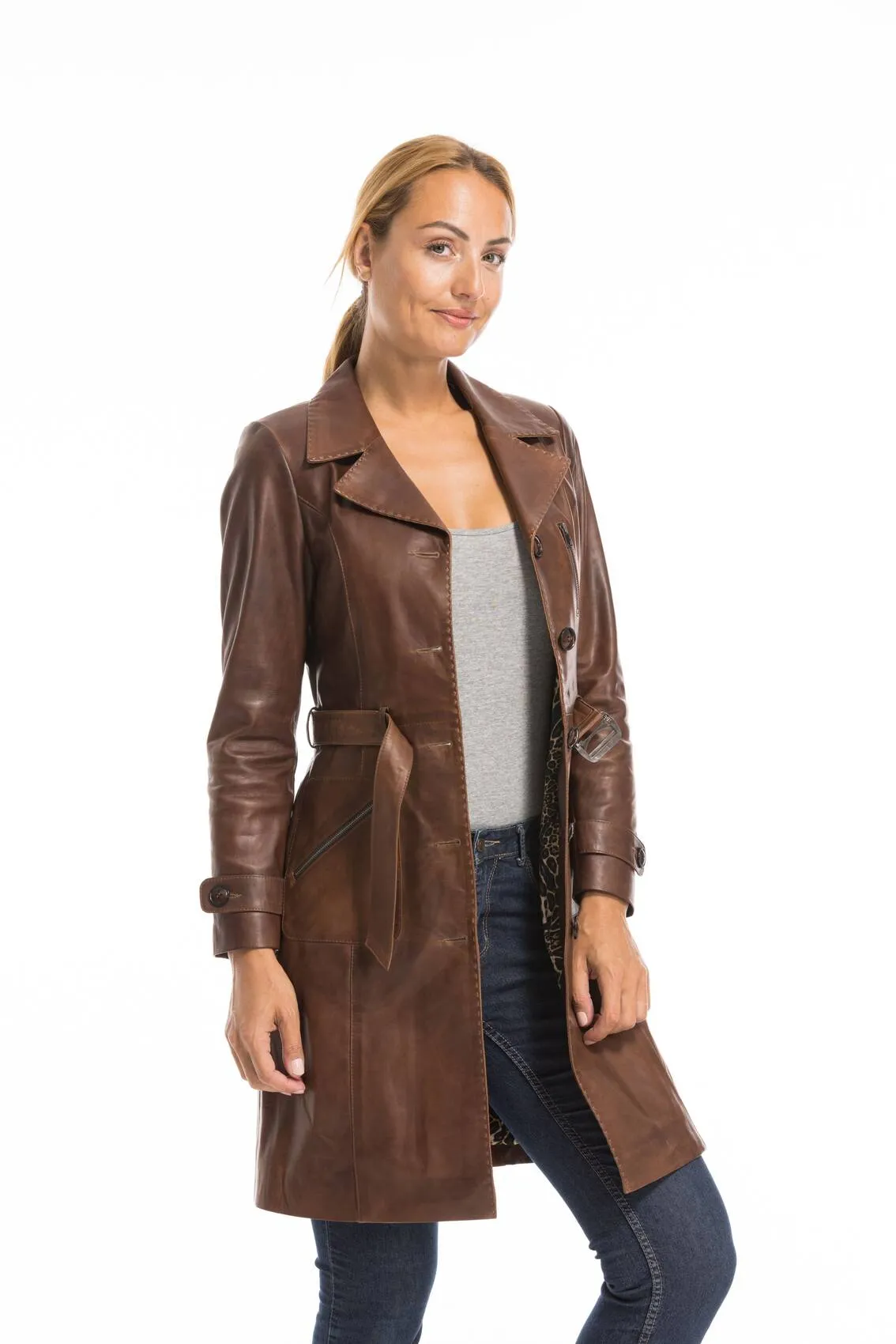 Trois quart cuir femme marron c 469 style trench