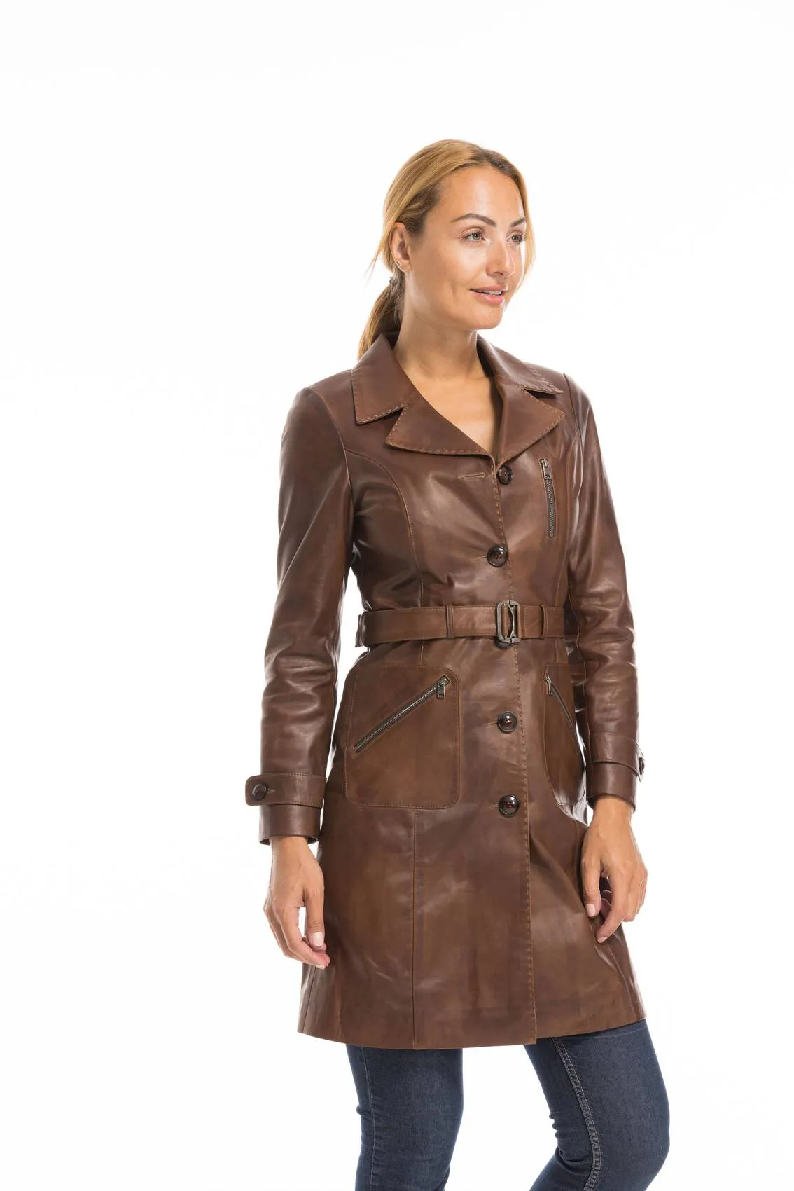 Trois quart cuir femme marron c 469 style trench