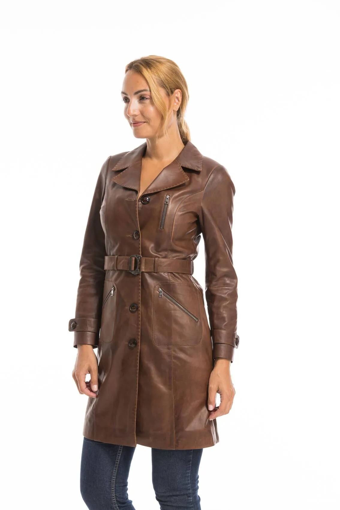 Trois quart cuir femme marron c 469 style trench