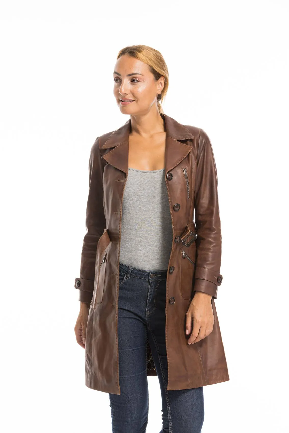 Trois quart cuir femme marron c 469 style trench