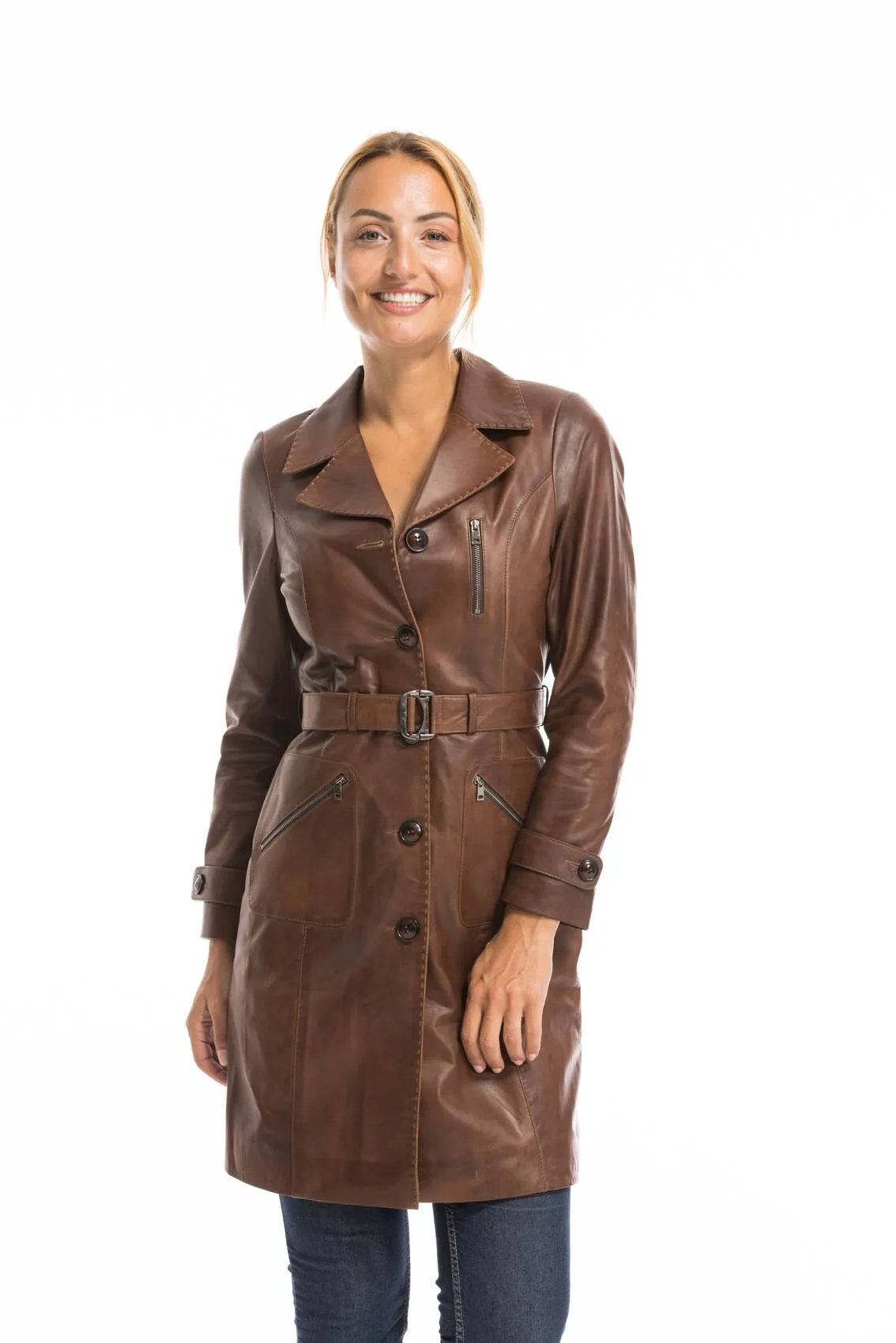 Trois quart cuir femme marron c 469 style trench