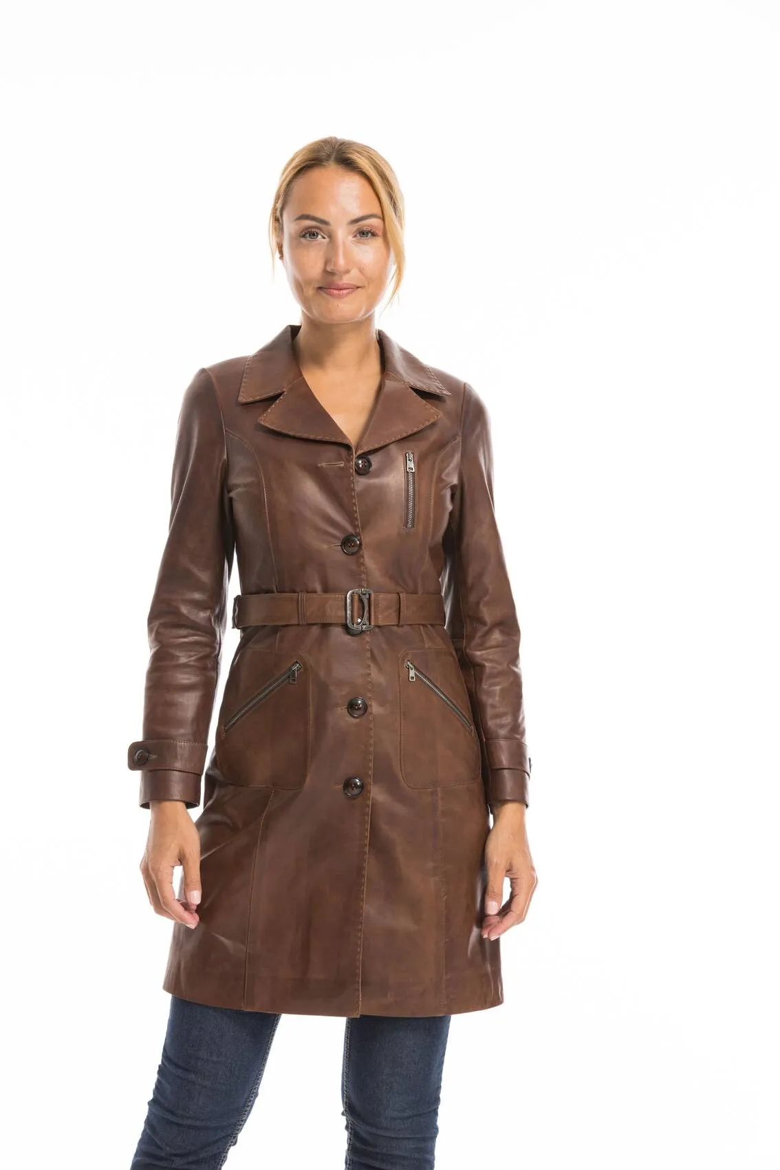 Trois quart cuir femme marron c 469 style trench