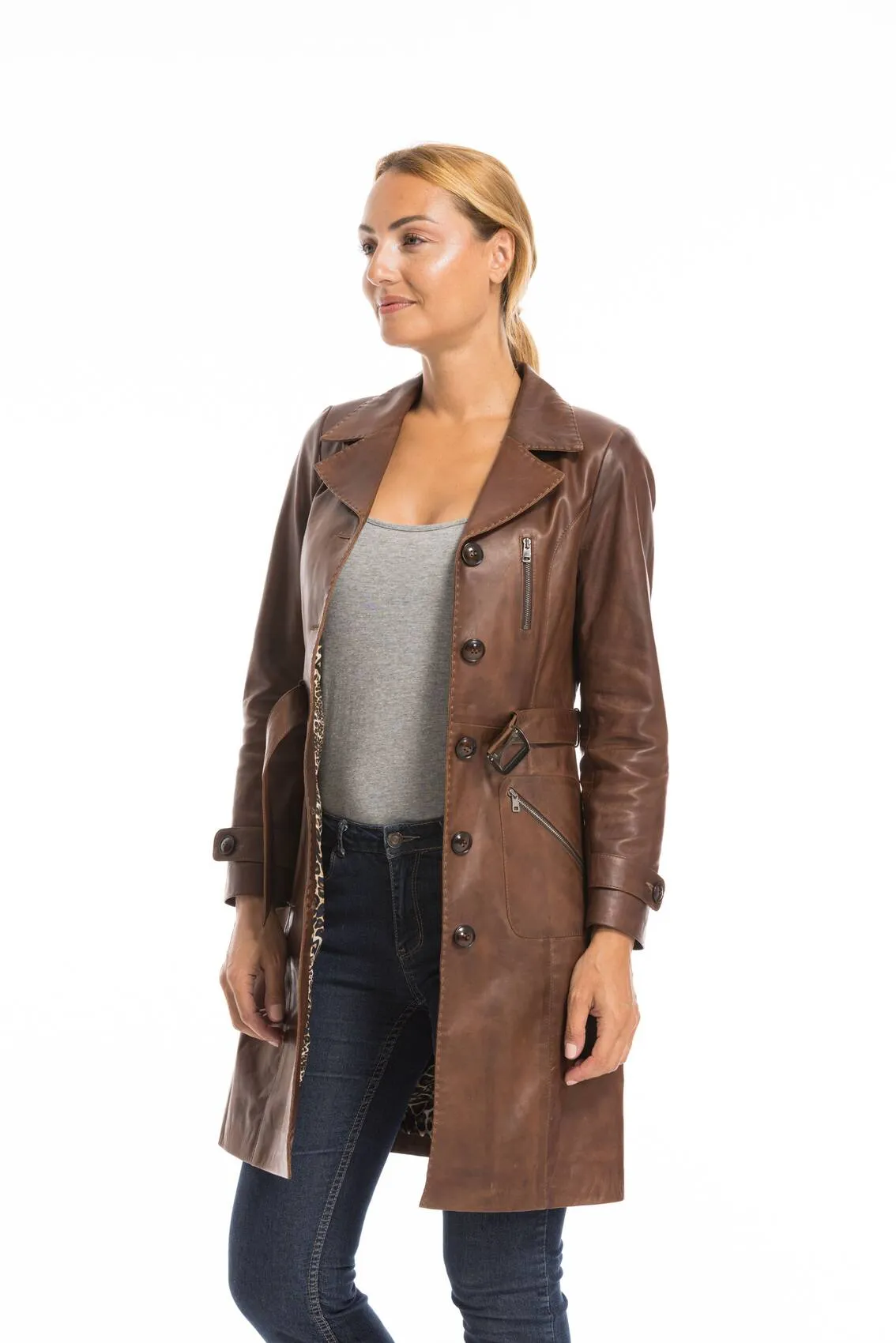 Trois quart cuir femme marron c 469 style trench