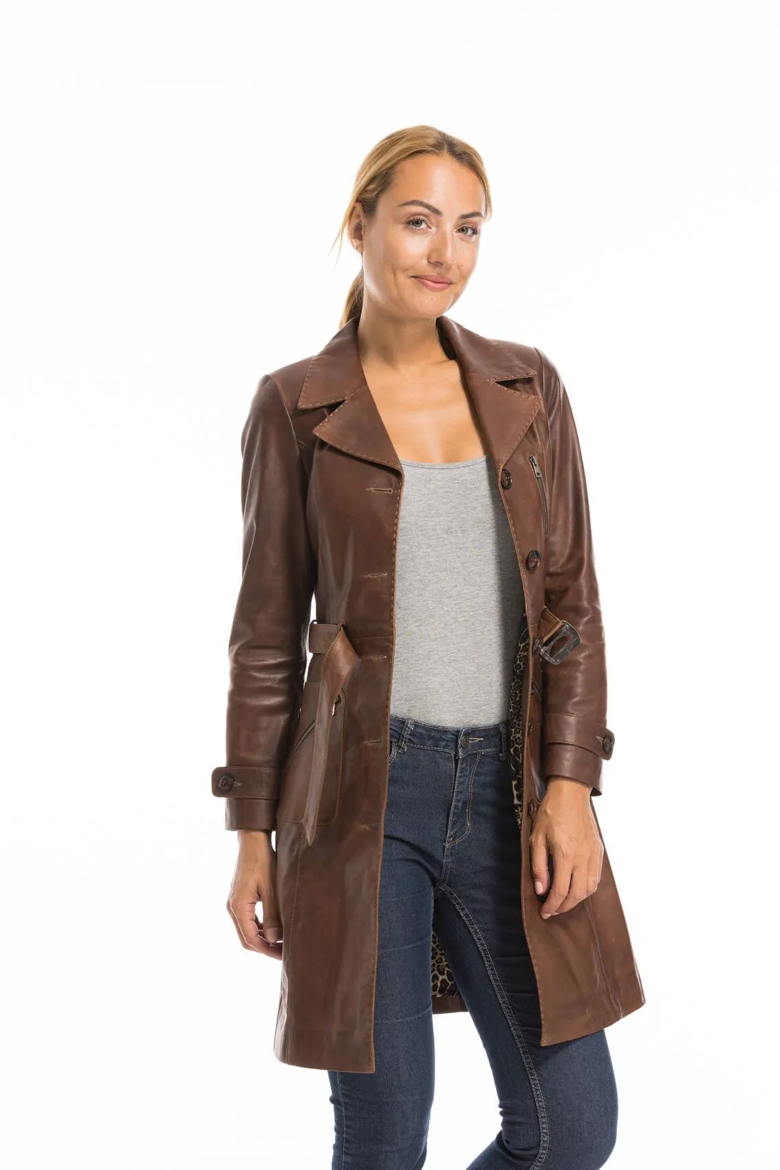 Trois quart cuir femme marron c 469 style trench