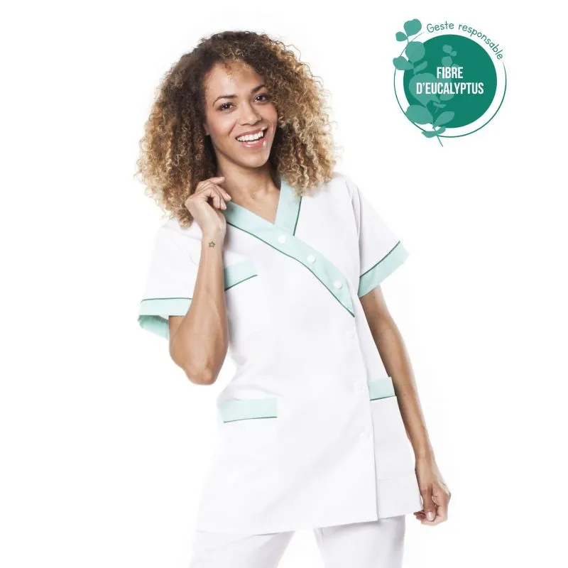 Tunique médicale tencel - Tunique médicale femme en tencel E01 - Taille groupée 0 (34/36) COL_029909 Blanc parement vert (W01P2)