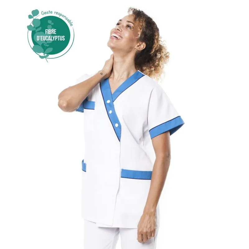 Tunique médicale tencel - Tunique médicale femme en tencel E01 - Taille groupée 0 (34/36) COL_029909 Blanc parement vert (W01P2)