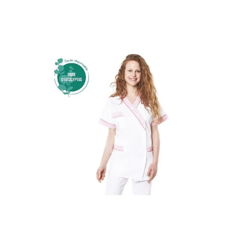 Tunique médicale tencel - Tunique médicale femme en tencel E01 - Taille groupée 0 (34/36) COL_029909 Blanc parement vert (W01P2)