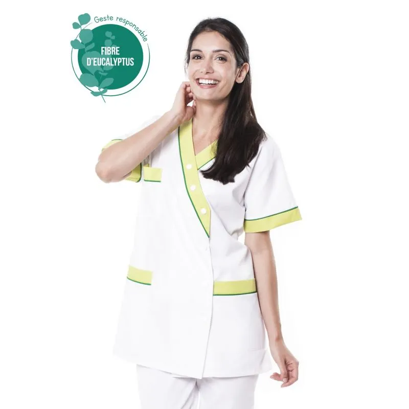 Tunique médicale tencel - Tunique médicale femme en tencel E01 - Taille groupée 0 (34/36) COL_029909 Blanc parement vert (W01P2)