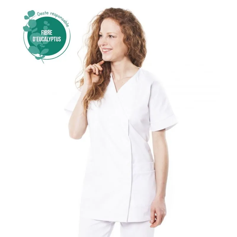 Tunique médicale tencel - Tunique médicale femme en tencel E01 - Taille groupée 0 (34/36) COL_029909 Blanc parement vert (W01P2)