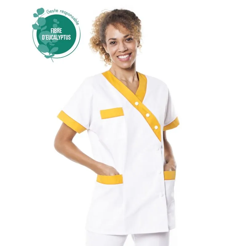 Tunique médicale tencel - Tunique médicale femme en tencel E01 - Taille groupée 0 (34/36) COL_029909 Blanc parement vert (W01P2)