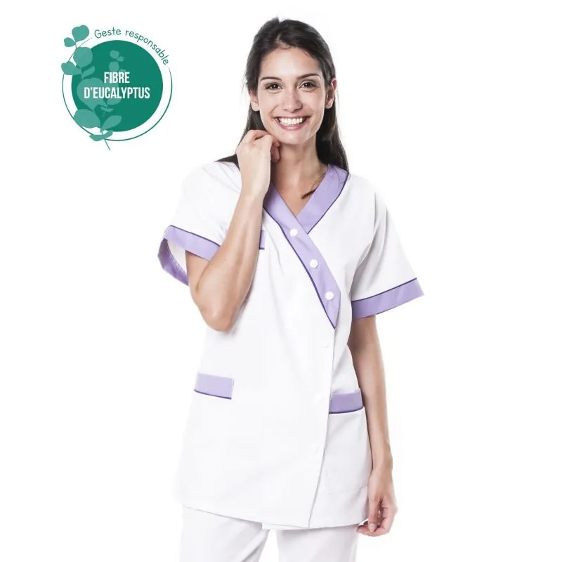 Tunique médicale tencel - Tunique médicale femme en tencel E01 - Taille groupée 0 (34/36) COL_029909 Blanc parement vert (W01P2)