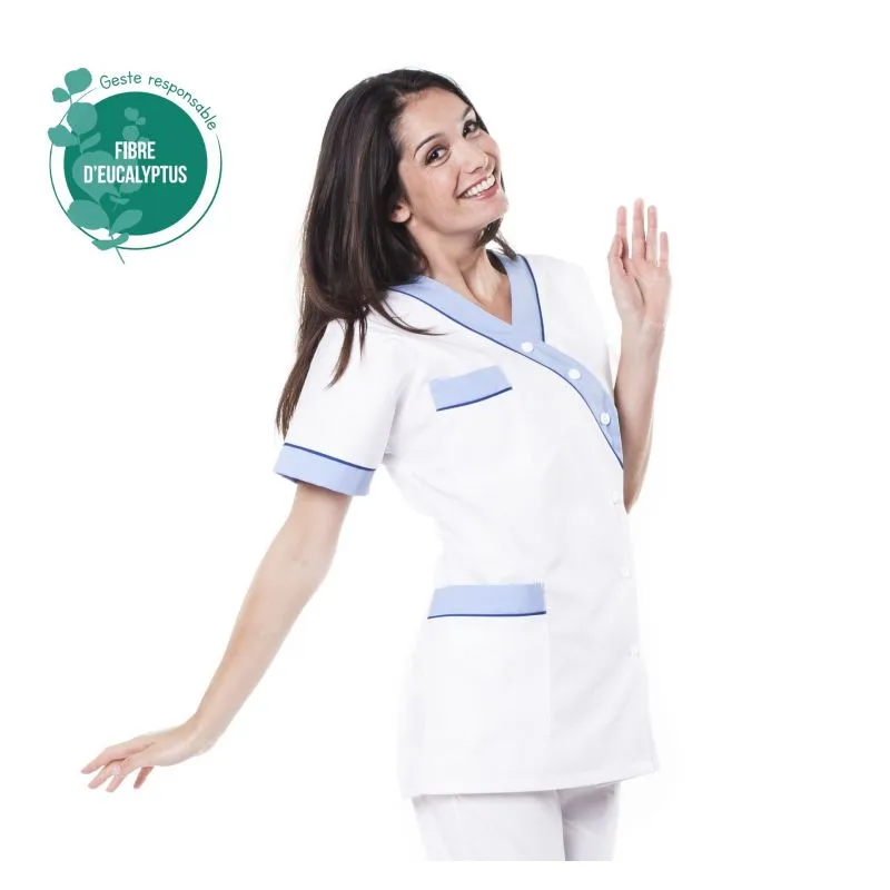 Tunique médicale tencel - Tunique médicale femme en tencel E01 - Taille groupée 0 (34/36) COL_029909 Blanc parement vert (W01P2)