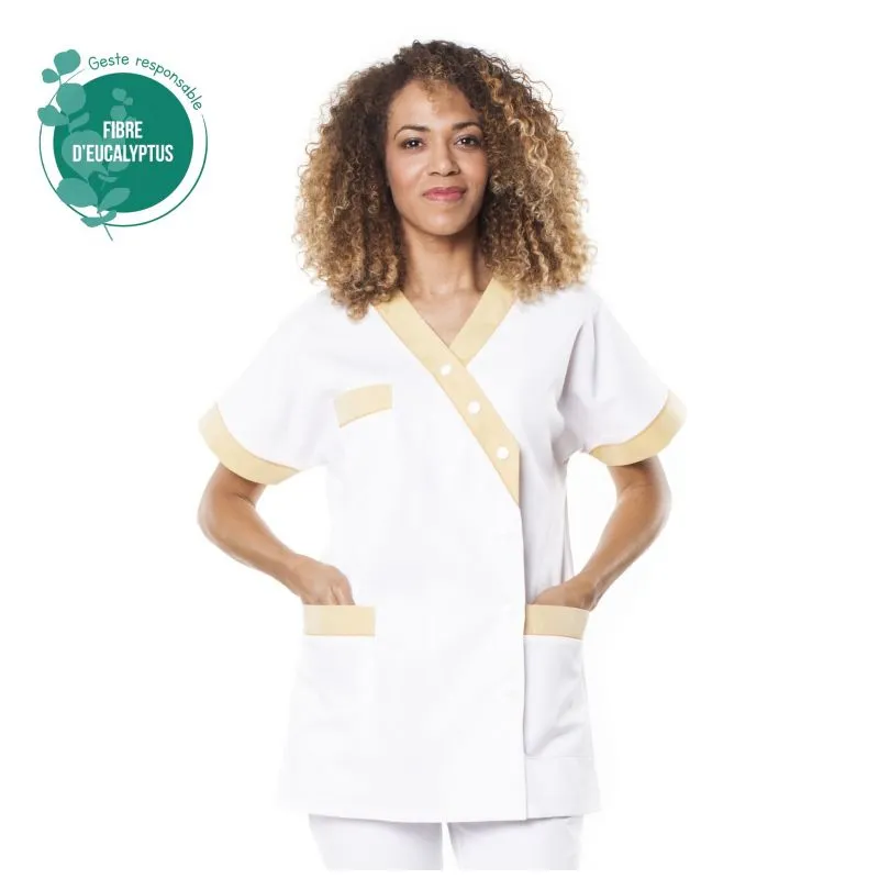 Tunique médicale tencel - Tunique médicale femme en tencel E01 - Taille groupée 0 (34/36) COL_029909 Blanc parement vert (W01P2)