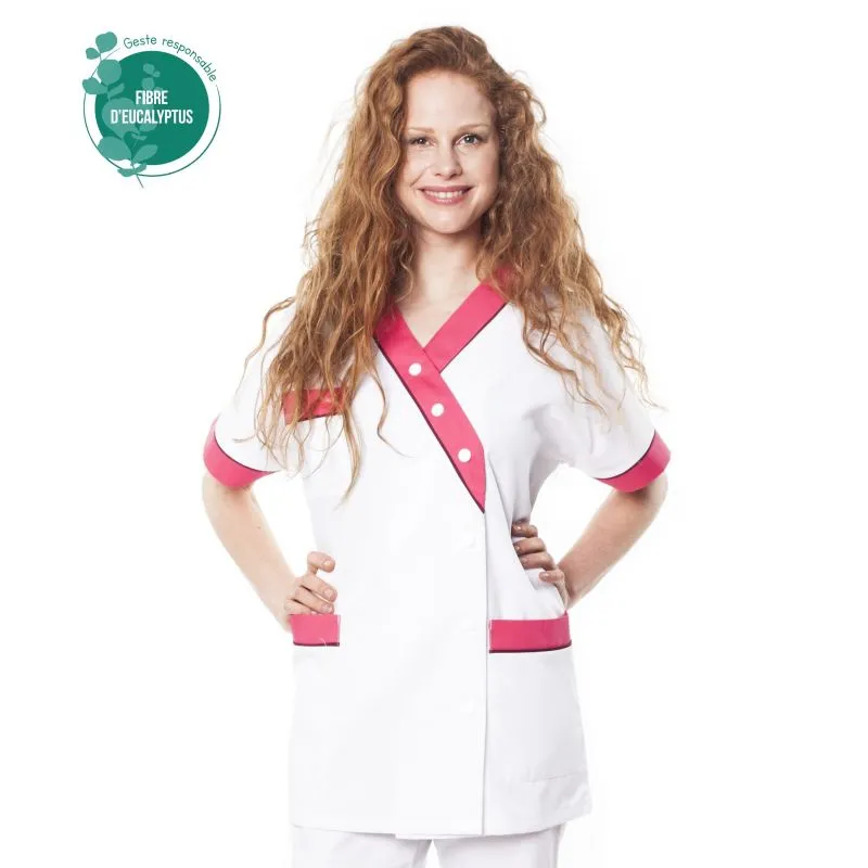 Tunique médicale tencel - Tunique médicale femme en tencel E01 - Taille groupée 0 (34/36) COL_029909 Blanc parement vert (W01P2)