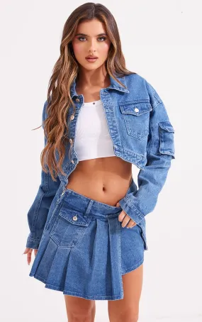 Veste en jean courte bleu moyen délavé à ourlet asymétrique