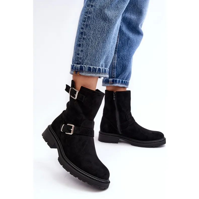 WD1 Bottes à talons plats pour femmes avec boucles noir Bliggore le noir