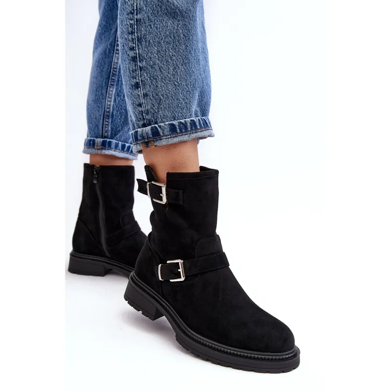 WD1 Bottes à talons plats pour femmes avec boucles noir Bliggore le noir