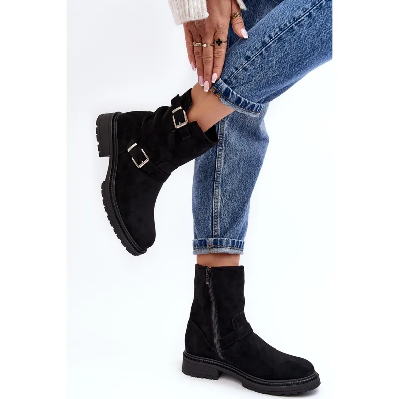 WD1 Bottes à talons plats pour femmes avec boucles noir Bliggore le noir