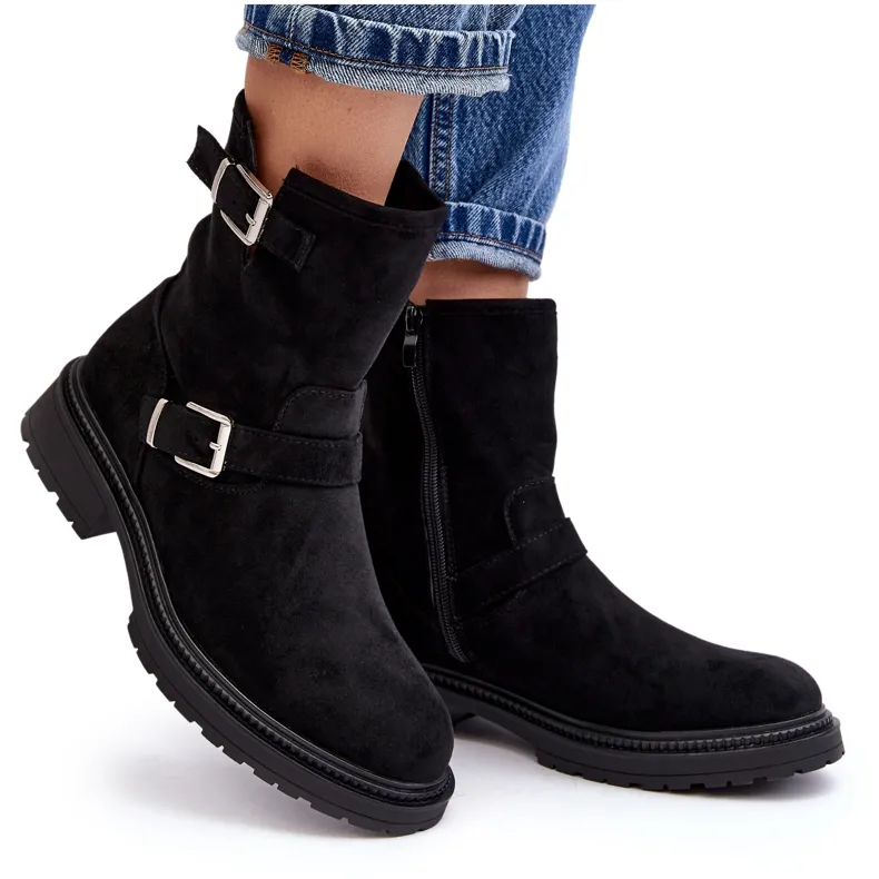 WD1 Bottes à talons plats pour femmes avec boucles noir Bliggore le noir