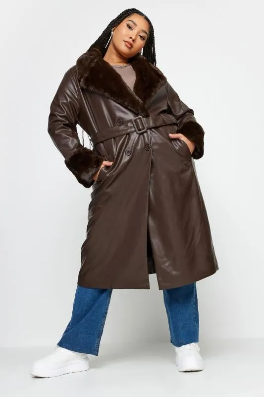 YOURS - Trench Marron Effet Cuir Fausse Fourrure