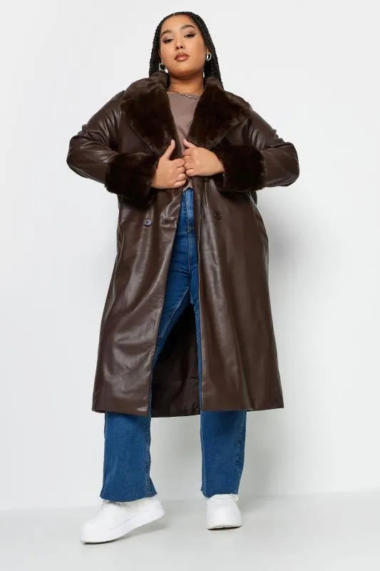 YOURS - Trench Marron Effet Cuir Fausse Fourrure