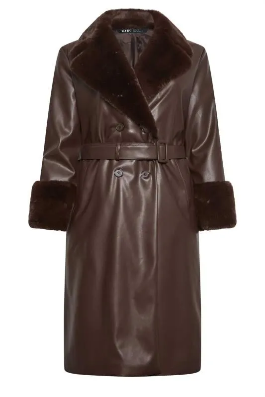 YOURS - Trench Marron Effet Cuir Fausse Fourrure