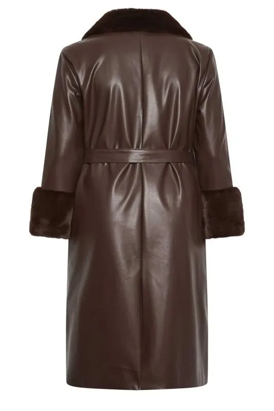 YOURS - Trench Marron Effet Cuir Fausse Fourrure