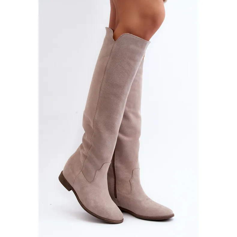 Zazoo 3407 Bottes hauteur genou en daim à talons plats cappuccino beige